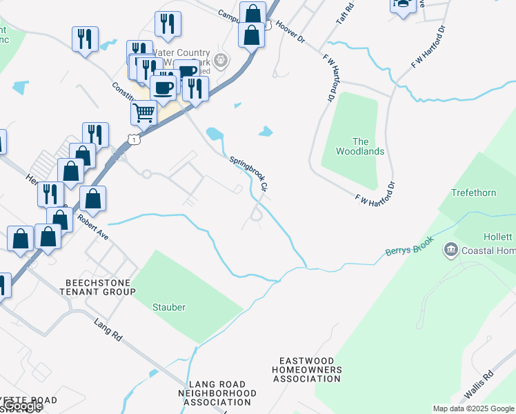 map of restaurants, bars, coffee shops, grocery stores, and more near 607 Spring Brook Circle in Portsmouth