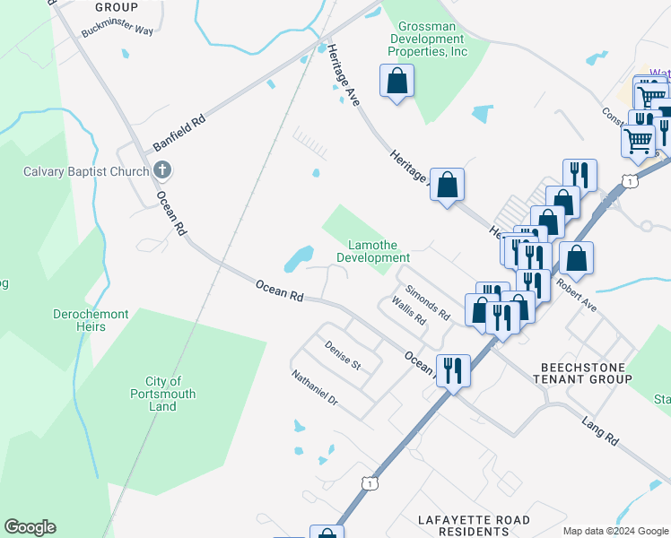 map of restaurants, bars, coffee shops, grocery stores, and more near 394 Ocean Road in Portsmouth