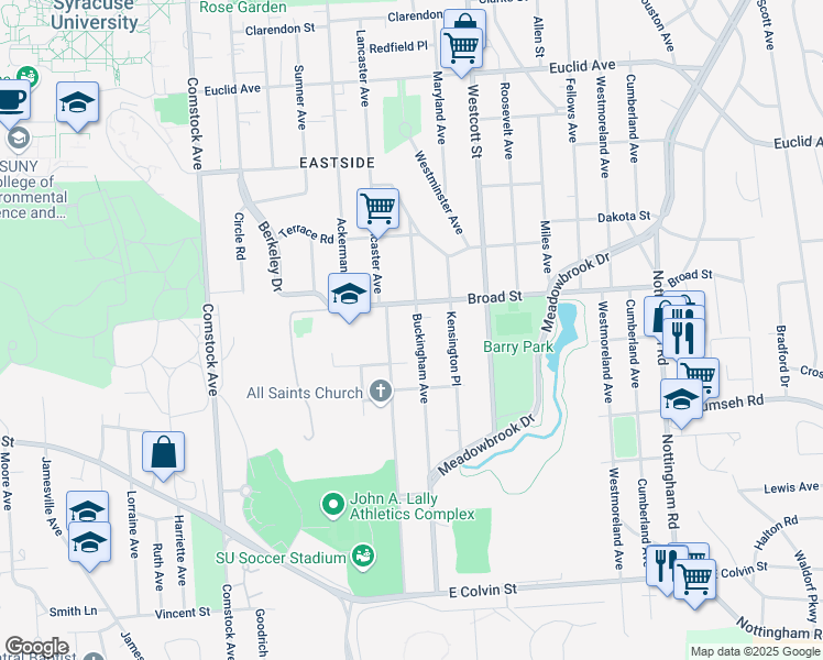 map of restaurants, bars, coffee shops, grocery stores, and more near 1141 Lancaster Avenue in Syracuse