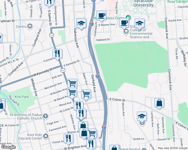 map of restaurants, bars, coffee shops, grocery stores, and more near 103-05 Glass Terrace in Syracuse