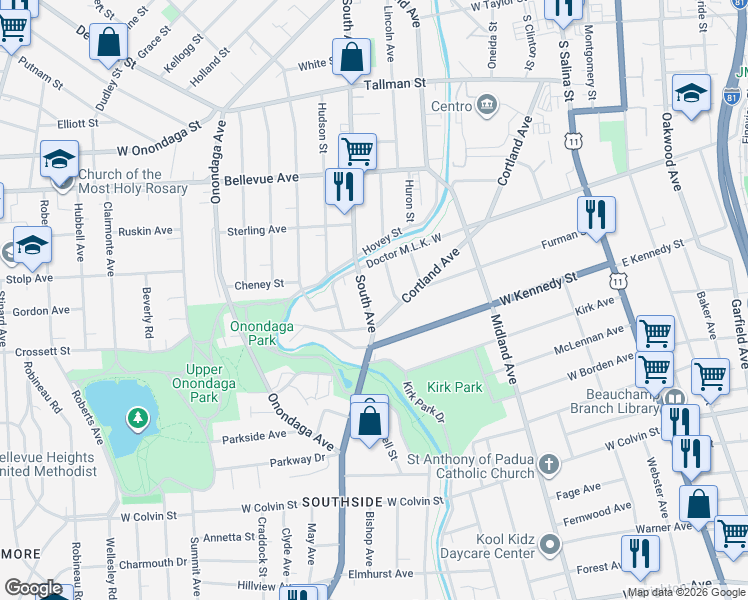 map of restaurants, bars, coffee shops, grocery stores, and more near 855 South Avenue in Syracuse