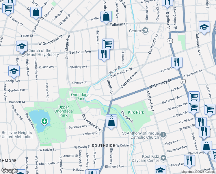 map of restaurants, bars, coffee shops, grocery stores, and more near 855 South Avenue in Syracuse