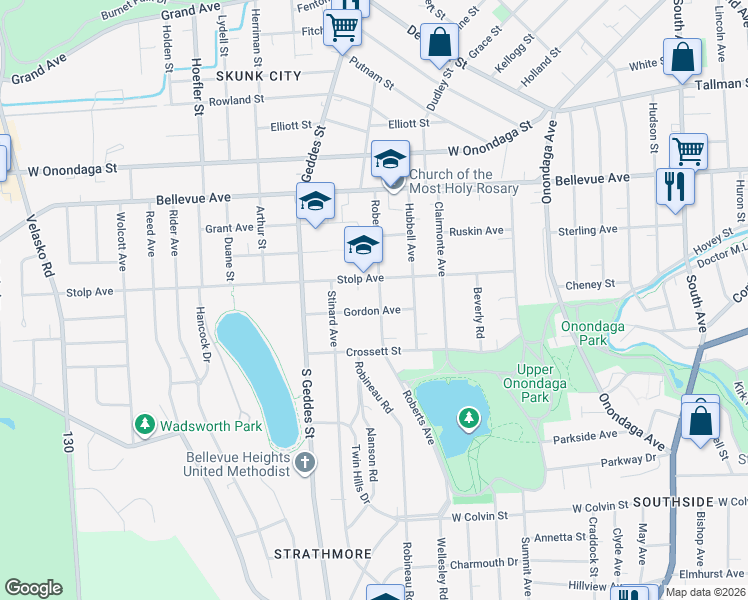 map of restaurants, bars, coffee shops, grocery stores, and more near 123-25 Gordon Avenue in Syracuse