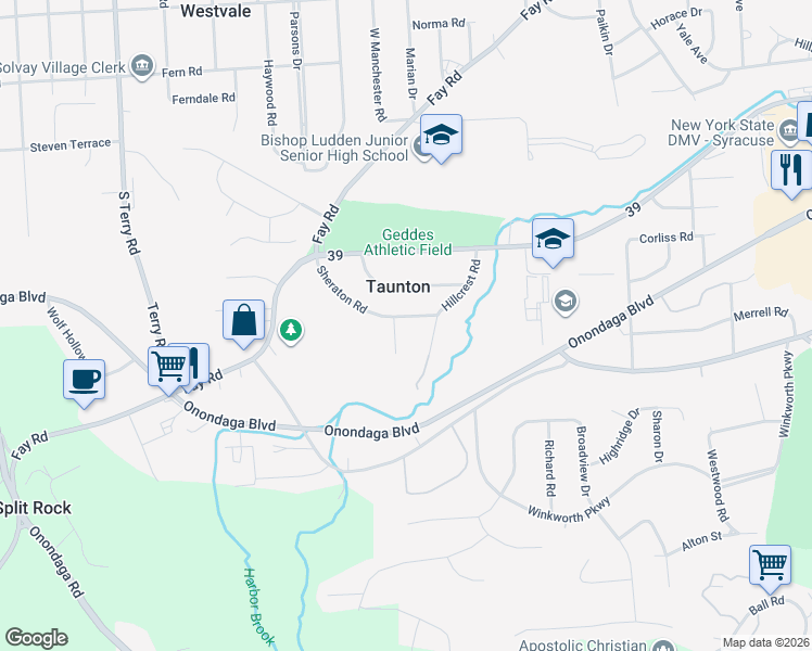 map of restaurants, bars, coffee shops, grocery stores, and more near 128 Marly Drive in Syracuse