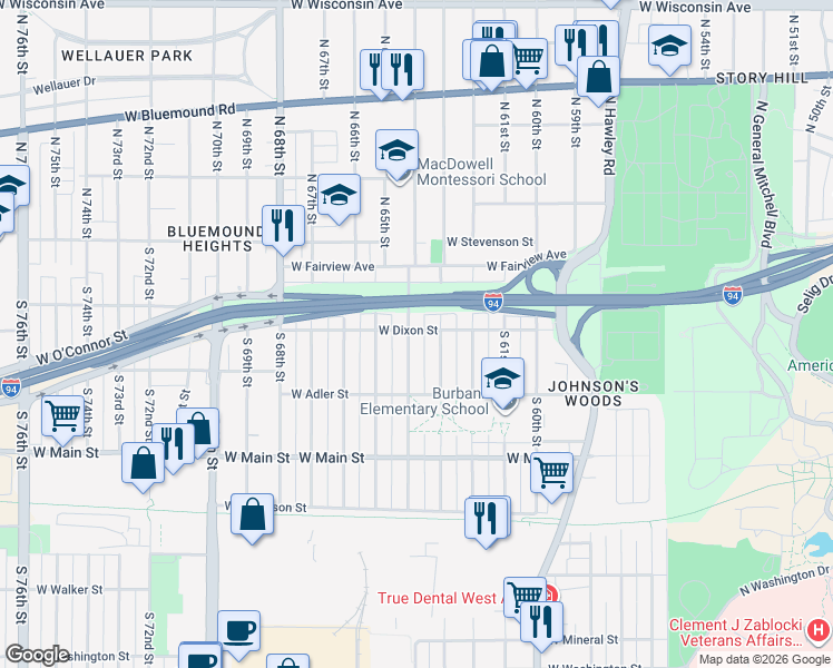 map of restaurants, bars, coffee shops, grocery stores, and more near 221 South 63rd Street in Milwaukee