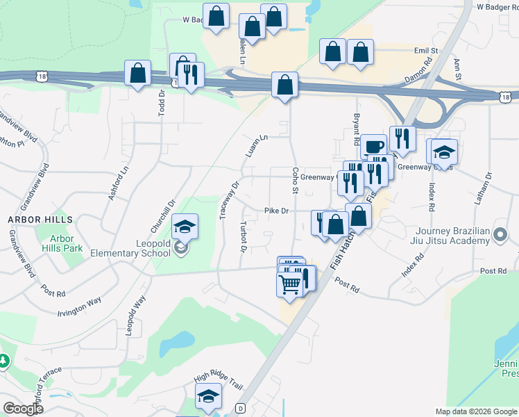 map of restaurants, bars, coffee shops, grocery stores, and more near 2015 Pike Drive in Fitchburg