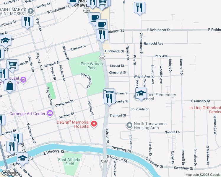map of restaurants, bars, coffee shops, grocery stores, and more near 343 Christiana Street in North Tonawanda