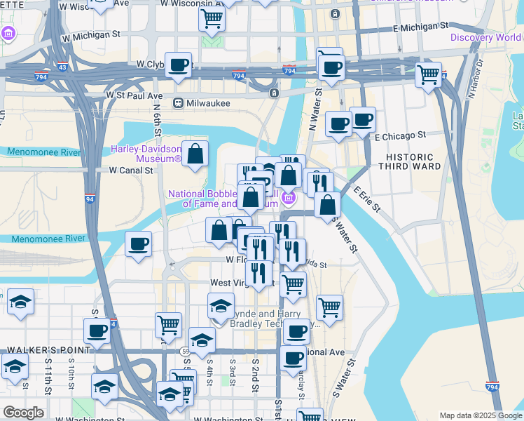 map of restaurants, bars, coffee shops, grocery stores, and more near 196 South 2nd Street in Milwaukee