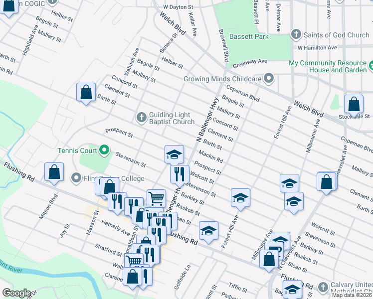map of restaurants, bars, coffee shops, grocery stores, and more near 2915 Mackin Road in Flint