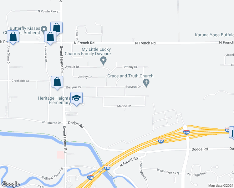 map of restaurants, bars, coffee shops, grocery stores, and more near 168 Sunshine Drive in Buffalo