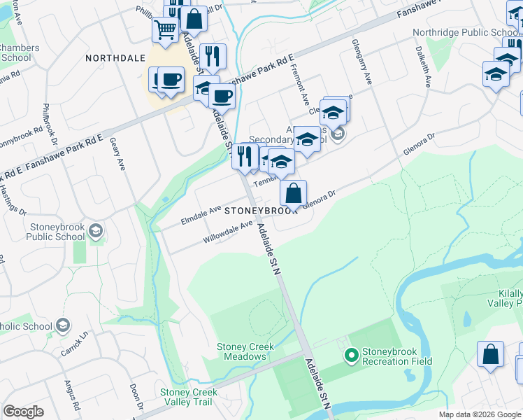 map of restaurants, bars, coffee shops, grocery stores, and more near 1444 Adelaide Street North in London
