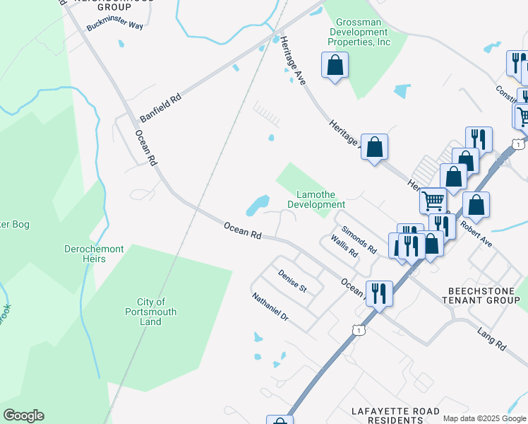 map of restaurants, bars, coffee shops, grocery stores, and more near 394 Ocean Road in Portsmouth