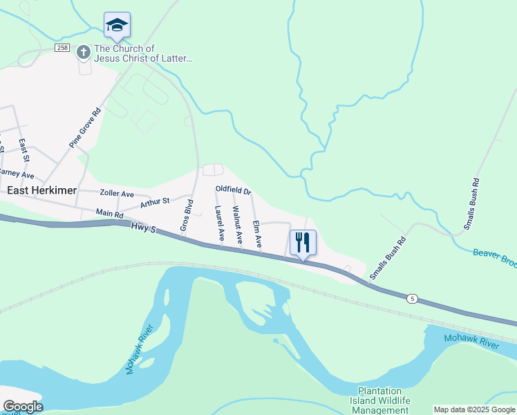 map of restaurants, bars, coffee shops, grocery stores, and more near 126 Elm Avenue in Herkimer