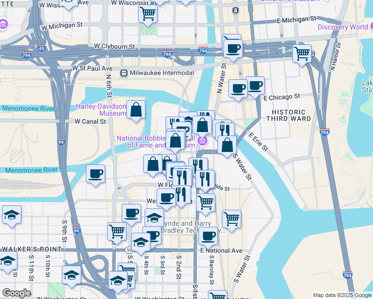 map of restaurants, bars, coffee shops, grocery stores, and more near 129 West Pittsburgh Avenue in Milwaukee