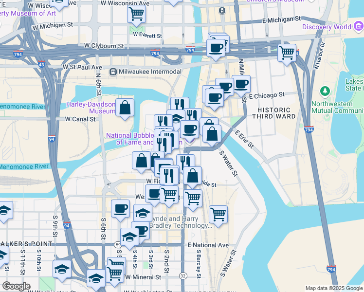 map of restaurants, bars, coffee shops, grocery stores, and more near 129 West Pittsburgh Avenue in Milwaukee