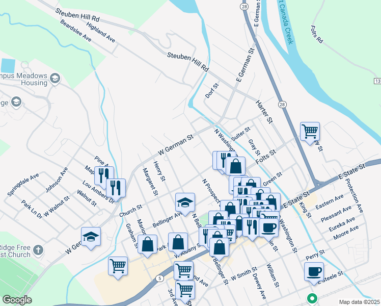 map of restaurants, bars, coffee shops, grocery stores, and more near 414 1/2 North Prospect Street in Herkimer