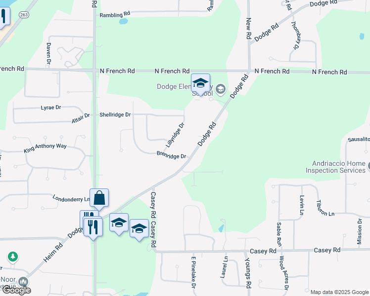 map of restaurants, bars, coffee shops, grocery stores, and more near 220 Brenridge Drive in East Amherst