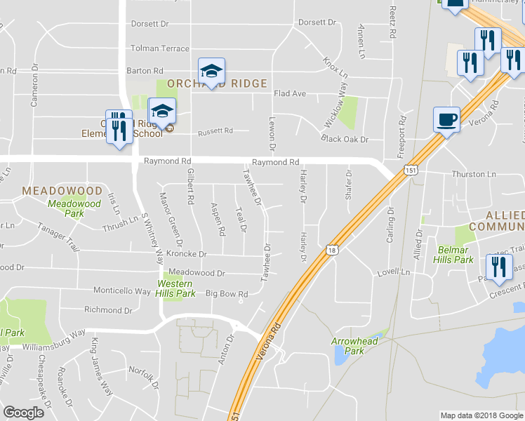 map of restaurants, bars, coffee shops, grocery stores, and more near 2198 Tawhee Drive in Madison