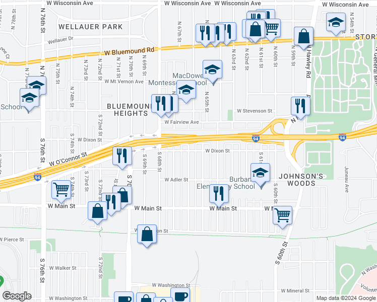map of restaurants, bars, coffee shops, grocery stores, and more near S 66th St & W Dixon St in Milwaukee