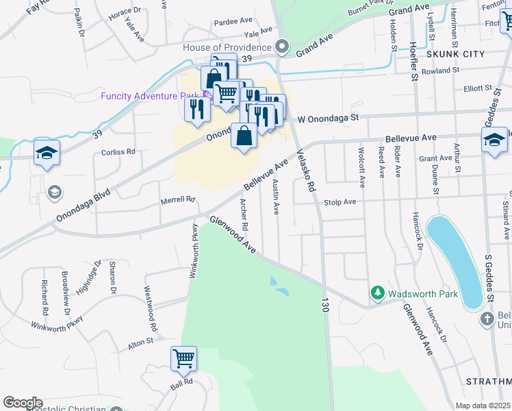 map of restaurants, bars, coffee shops, grocery stores, and more near 160 Sunhill Terrace in Syracuse