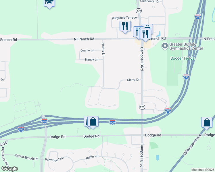 map of restaurants, bars, coffee shops, grocery stores, and more near 143 Sierra Drive in Getzville