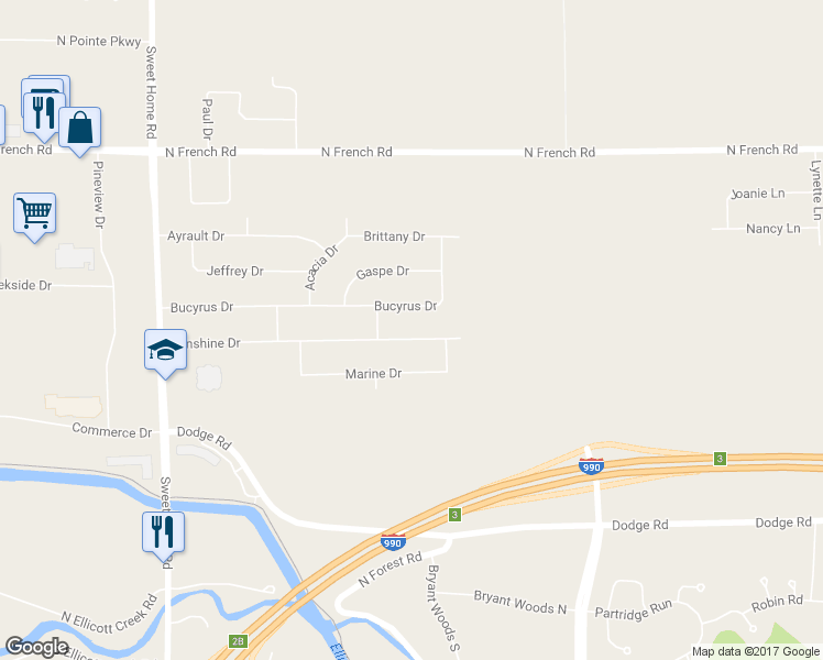 map of restaurants, bars, coffee shops, grocery stores, and more near 224 Sunshine Drive in Buffalo