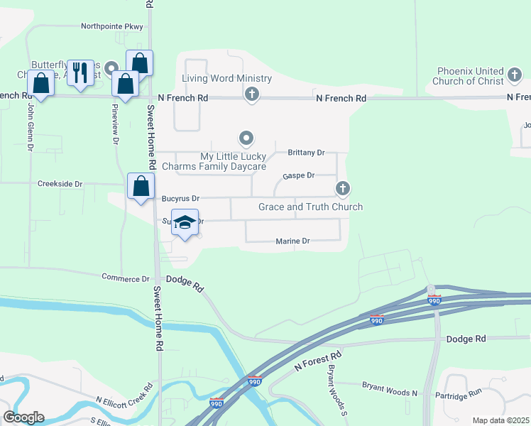 map of restaurants, bars, coffee shops, grocery stores, and more near 167 Sunshine Drive in Buffalo
