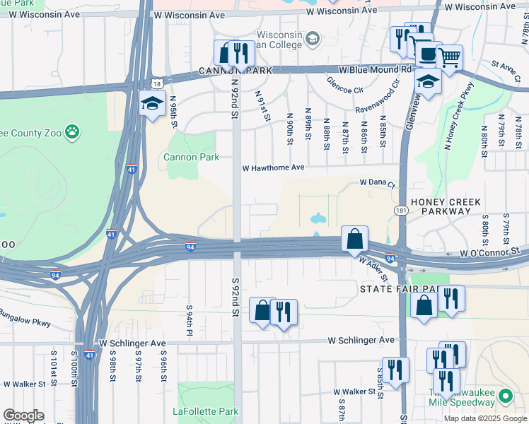 map of restaurants, bars, coffee shops, grocery stores, and more near 9142 West Chester Street in Milwaukee