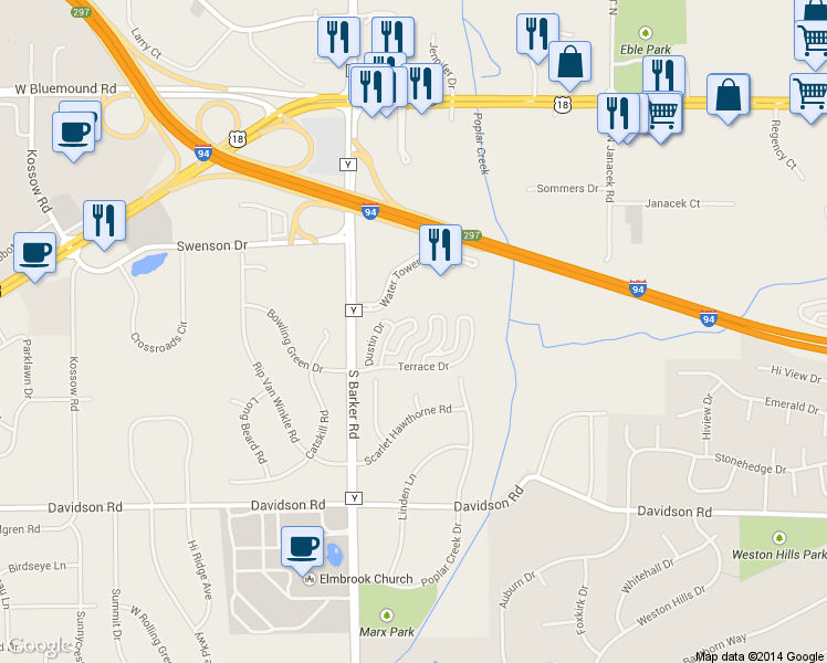 map of restaurants, bars, coffee shops, grocery stores, and more near 385 Lindsay Lane in Brookfield