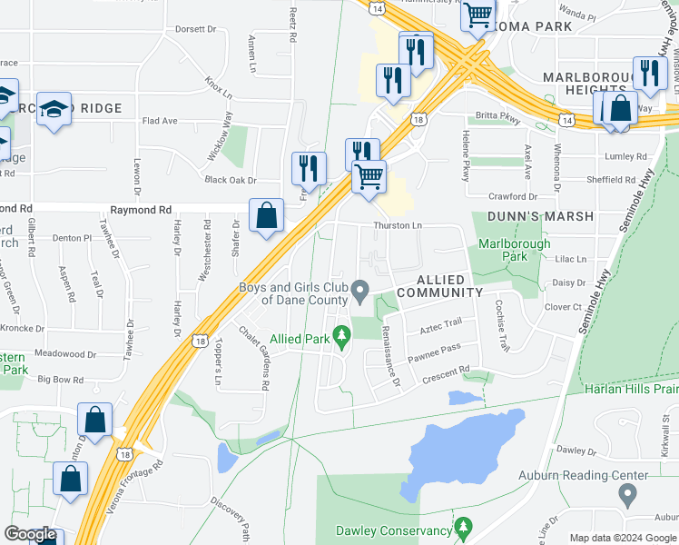 map of restaurants, bars, coffee shops, grocery stores, and more near 2230 Rosenberry Road in Madison