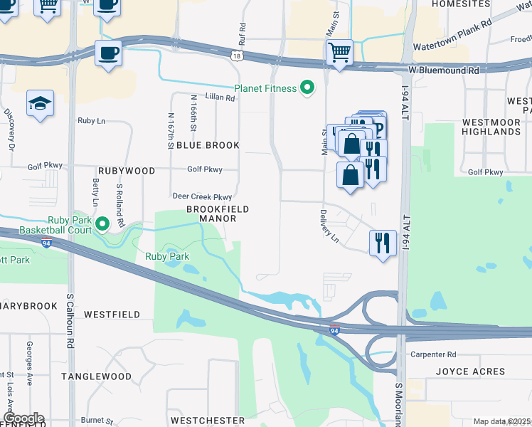 map of restaurants, bars, coffee shops, grocery stores, and more near 245 South Executive Drive in Brookfield