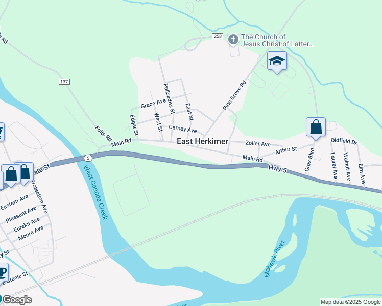 map of restaurants, bars, coffee shops, grocery stores, and more near 5493 State Highway 5 in Herkimer