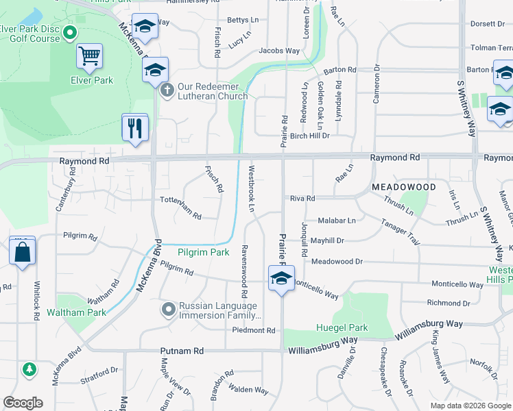 map of restaurants, bars, coffee shops, grocery stores, and more near 6217 Pioneer Road in Madison