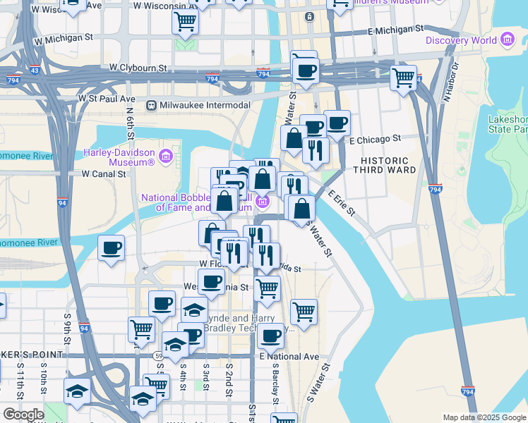 map of restaurants, bars, coffee shops, grocery stores, and more near 117 East Pittsburgh Avenue in Milwaukee