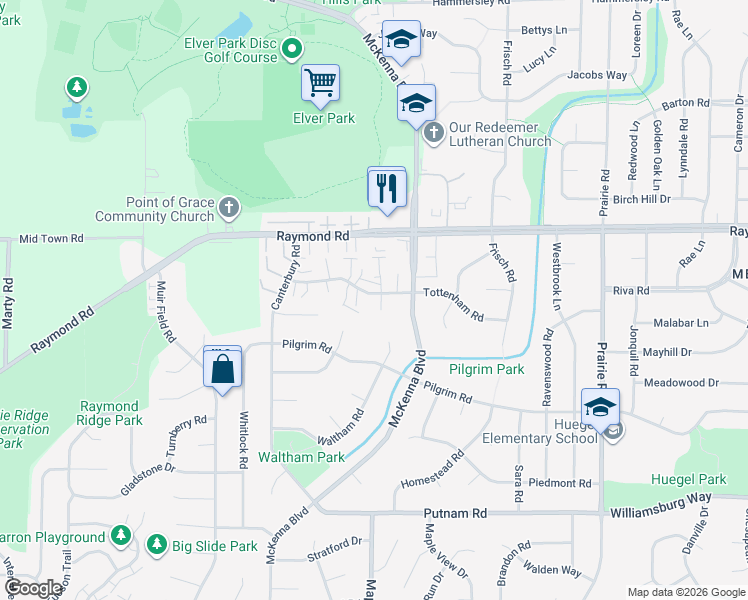 map of restaurants, bars, coffee shops, grocery stores, and more near 10 South Wickham Court in Madison