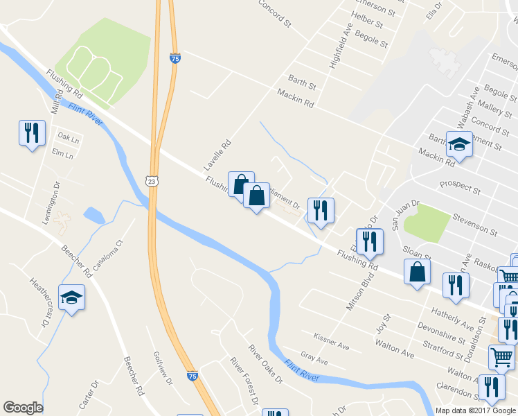 map of restaurants, bars, coffee shops, grocery stores, and more near 3471 Flushing Road in Flint
