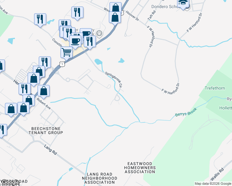 map of restaurants, bars, coffee shops, grocery stores, and more near 607 Spring Brook Circle in Portsmouth