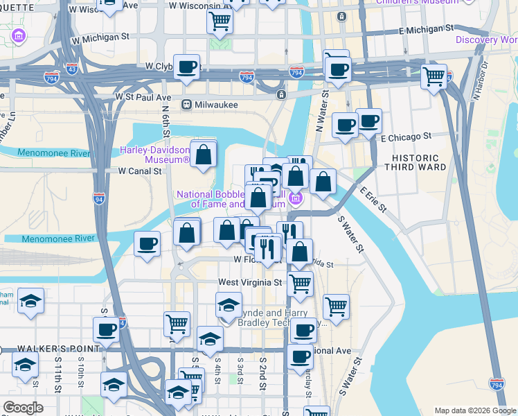 map of restaurants, bars, coffee shops, grocery stores, and more near 247 West Freshwater Way in Milwaukee