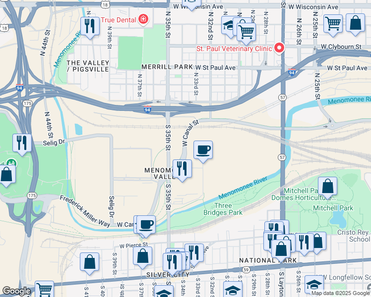 map of restaurants, bars, coffee shops, grocery stores, and more near 3201 West Canal Street in Milwaukee