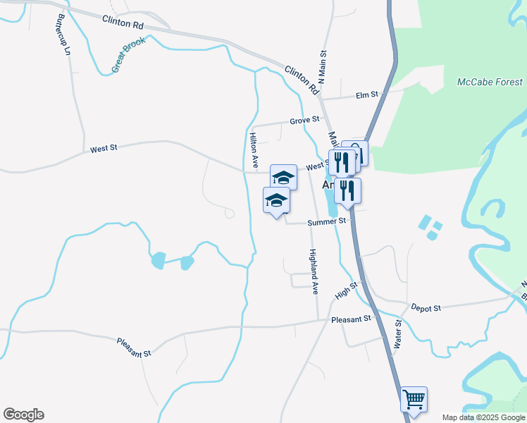 map of restaurants, bars, coffee shops, grocery stores, and more near 16 School Street in Antrim