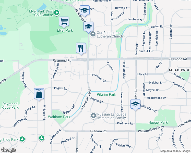 map of restaurants, bars, coffee shops, grocery stores, and more near 6601 Tottenham Road in Madison
