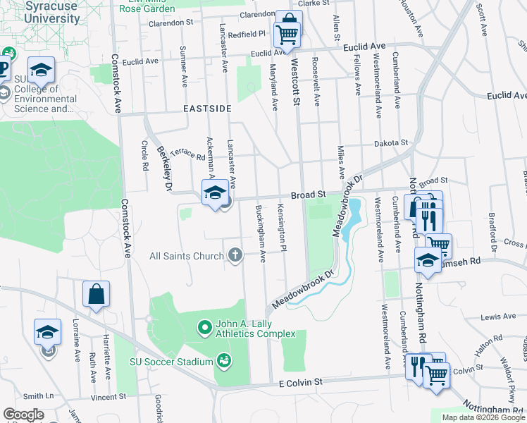 map of restaurants, bars, coffee shops, grocery stores, and more near 315 Buckingham Avenue in Syracuse