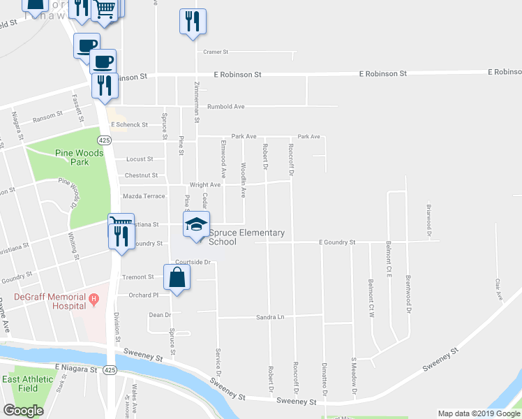 map of restaurants, bars, coffee shops, grocery stores, and more near 346 Robert Drive in North Tonawanda