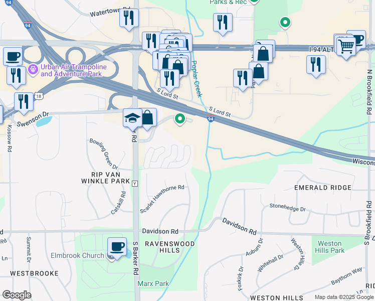 map of restaurants, bars, coffee shops, grocery stores, and more near 360 Terrace Drive West in Brookfield