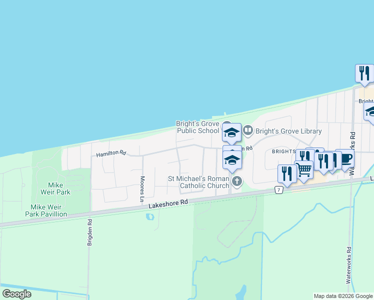 map of restaurants, bars, coffee shops, grocery stores, and more near 2506 Westfield Close in Sarnia