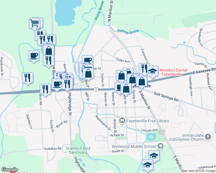 map of restaurants, bars, coffee shops, grocery stores, and more near 102 Warren Street in Fayetteville