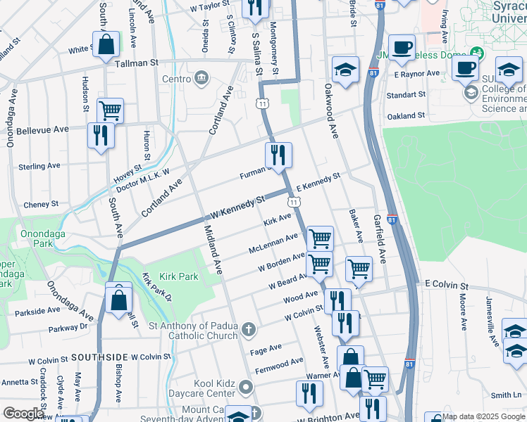 map of restaurants, bars, coffee shops, grocery stores, and more near 119 Kirk Avenue in Syracuse