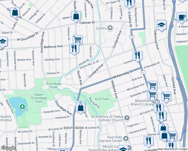 map of restaurants, bars, coffee shops, grocery stores, and more near 519 Cortland Avenue in Syracuse