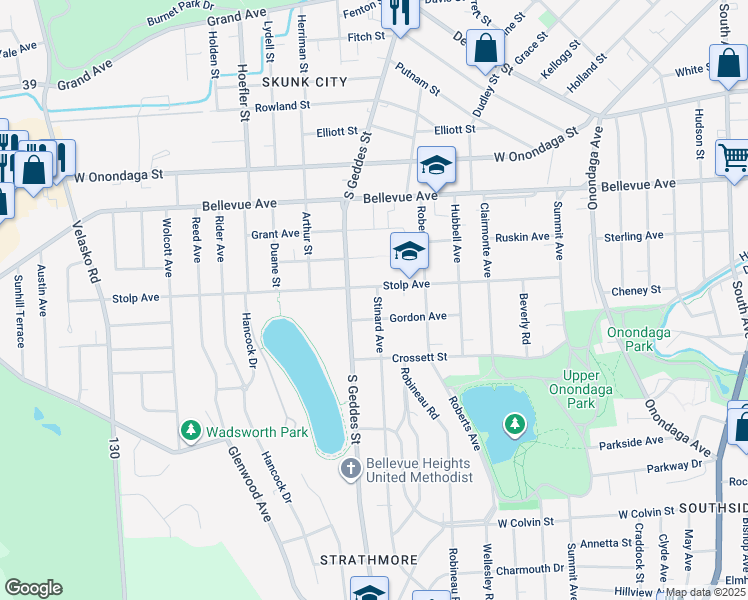 map of restaurants, bars, coffee shops, grocery stores, and more near 311 Gordon Avenue in Syracuse