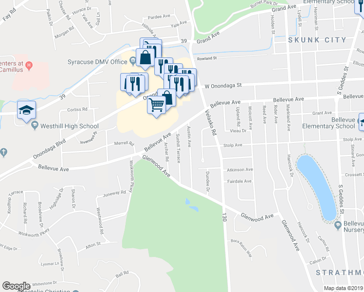 map of restaurants, bars, coffee shops, grocery stores, and more near 160 Sunhill Terrace in Syracuse
